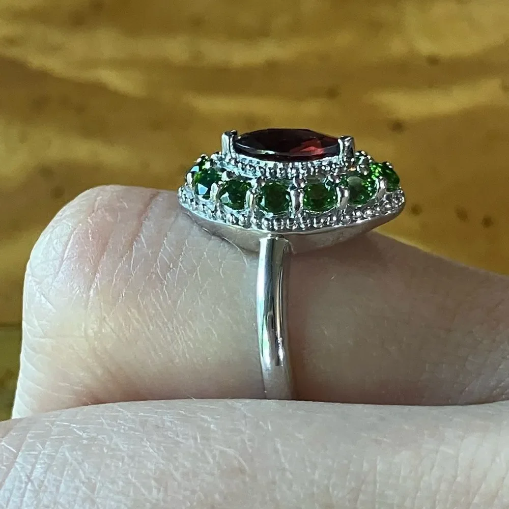 Natural Red Garnet Chrome Diopside Sterling Silver Halo Ring Size 7